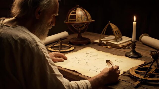 Elderly Greek astronomer marking constellations on ancient parchment with quill. Historical study scene featuring celestial globe and astrolabe in candlelight. Educational footage on ancient