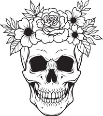 Obraz premium Black and white skull with floral crown flowers leaves
