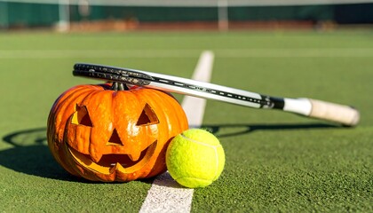 Halloween Jack-o-lantern & tennis racket on a bright green court with a ball, festive outdoor sports theme