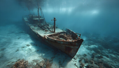 Fototapeta premium ship wreck underwater shipwreck on seabed sea floor standing metal on ocean floor