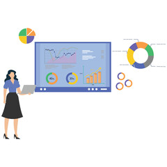 Businesswoman presenting data analysis on large screen display