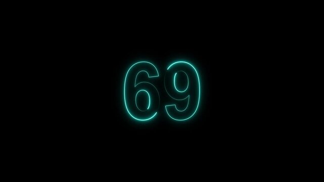 neon number 69 glowing on a black background, digital countdown timer element, vibrant futuristic typography	