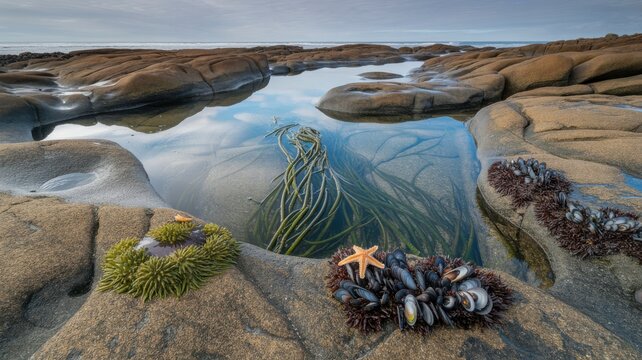 Rocky shoreline with seaweed starfish and mussels in tidal pool