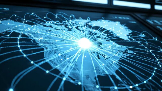 Over the shoulder view of digital world map with glowing data points and network lines spreading across North America toward Arctic region. Sequence shows moving lights converging in icy area for