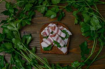 Christmas Tree Lard Sandwich on Wood with Parsley Decoration