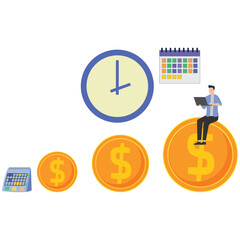 Businessman working on laptop sitting on large dollar coin with clock and calendar