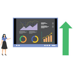 Businesswoman presenting data analysis on large screen display
