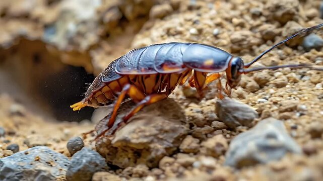 Close-up of a cockroach crawling on the ground, insect macro shot.