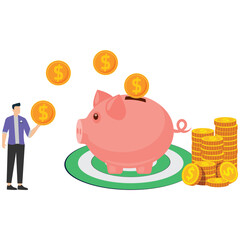 Man saving money with piggy bank and coins around