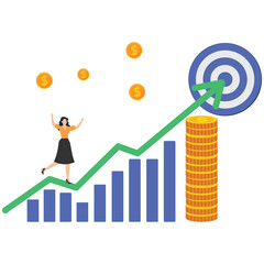 Businesswoman celebrating financial success with growing graph and coins