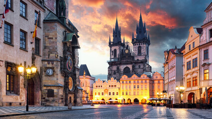 Prague - Old Town Square, Famous Astronomical Clock and Tyn church's tower, Czechia