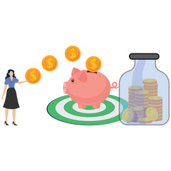 Woman saving money in piggy bank and jar with coins