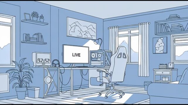Modern Blue Gaming Room Setup with Live Stream Display - Stream starting soon livestream animation opener video. Stream starting soon screen, overlay loop, animated virtual backgrounds