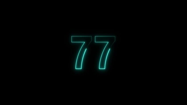 neon number 77 glowing on a black background, digital countdown timer element, vibrant futuristic typography	