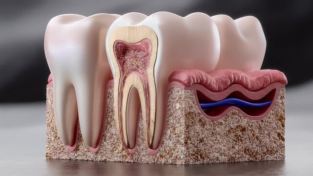 Detailed medical illustration of a tooth with a cross section showing anatomy with enamel dentin pulp and roots on a gray background