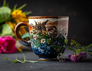 Elaborate, folk-style ceramic mug with floral and landscape elements, set against dark background with flowers