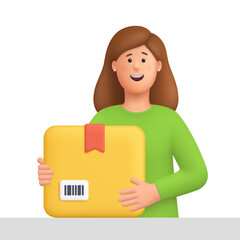 Young smiling woman Kate holding cardboard package box. Delivery, logistics, shipping and online shopping concept. 3d vector people character. Cartoon minimal style.