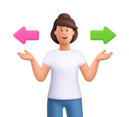 Young smiling woman Jane pointing toward left and right arrow. Choice, decision making, direction, options, guidance, comparison concept. 3d vector people character. Cartoon minimal style.