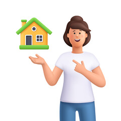 Young smiling woman Jane pointing at house building. Real estate, property sales, housing market, renting, mortgage and home insurance concept. 3d vector people character. Cartoon minimal style.