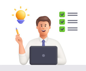Young smiling businessman Ted working on laptop on task list with pencil and lightbulb. Creativity, planning, project and business idea. 3d vector people character. Cartoon minimal style.