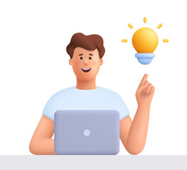 Young smiling man James working on laptop and pointing finger up to bulb. Creativity innovation and business idea concept. 3d vector people character illustration. Cartoon minimal style.