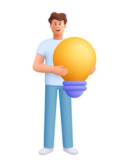 Young smiling man James holding large yellow light bulb. Creativity innovation, inspiration and idea concept. 3d vector people character. Cartoon minimal style.