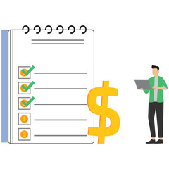 Businessman using laptop with checklist and dollar sign