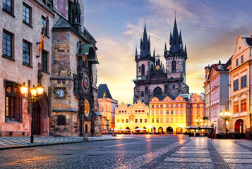 Obraz premium Prague - Old Town Square, Famous Astronomical Clock and Tyn church's tower, Czechia