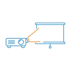 Projector screen with projector device, business presentation concept, clean line art icon