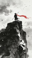 Ink Wash Painting of a Lone Swordsman Standing on a Cliff Peak with a Red Fluttering Sash, Traditional Chinese Martial Arts and Chivalry Concept, Monochrome with Accent Color