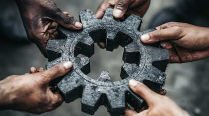 Teamwork collaboration unity cooperation diverse hand gear connection support partnership work engineering industry machinery concept solution