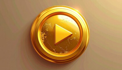 Gleaming golden play button symbol in center. Soft warm light, neutral backdrop, subtle textures. Playful, minimal design