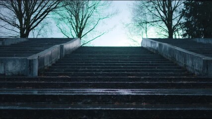 Imposing concrete steps rise towards an otherworldly light, a path to the unknown future