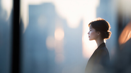 Poised businesswoman profile cityscape sunrise confident focus determination hope ambition