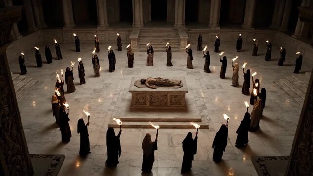 A group of women in ritual robes stand in a circle holding torches around a sarcophagus, performing an ancient ceremony, video footage.