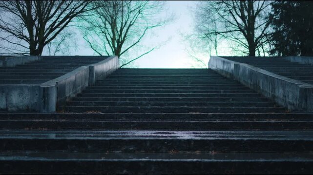 Imposing concrete steps rise towards an otherworldly light, a path to the unknown future