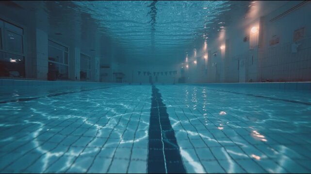 Underwater view of an empty swimming pool with lane lines and illuminated ceiling