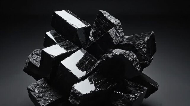 Intricate cluster of rough, black obsidian fragments with sharp geometric facets and reflective surfaces displayed against a dark background.