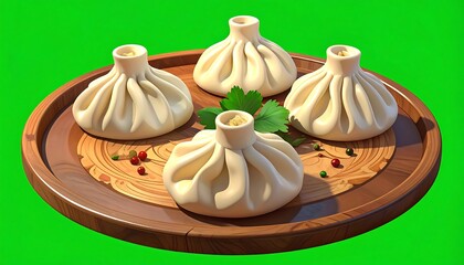 Four Khinkali dumplings sit on a wooden plate with herbs, set against a bright green backdrop