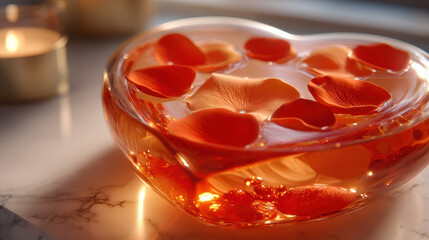 Heart glass bowl rose petal candle light warm glow romantic decor spa concept relaxation soft focus marble table cozy mood Heart glass bowl with