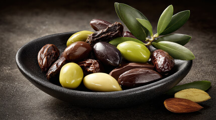 Olive date nut fruit bowl leaf rustic organic healthy snack assorted gourmet fresh natural ripe green black brown closeup harvest ingredient