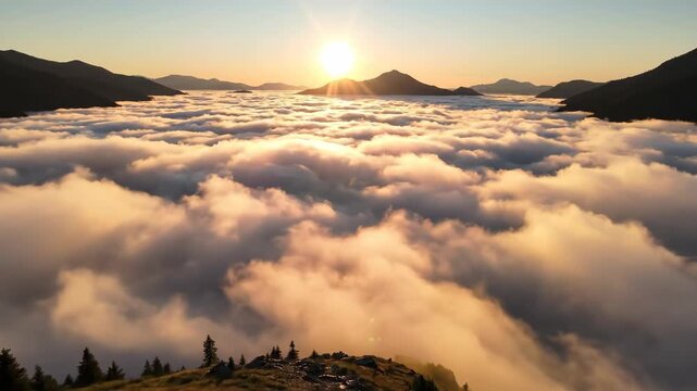 Serene mountain cabin perched on ridge at sunset surrounded by sea of clouds. Cabincore landscape capturing peaceful nature retreat and isolated wilderness beauty.
