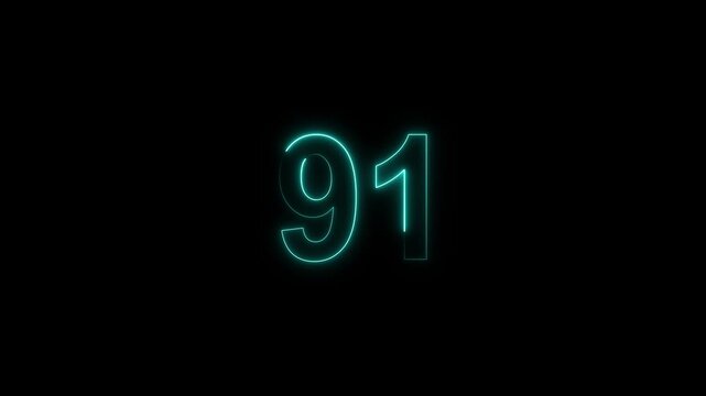 neon number 91 glowing on a black background, digital countdown timer element, vibrant futuristic typography	