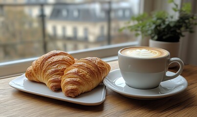 Two fresh golden croissants and creamy latte coffee on wooden table by window
