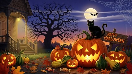 Black cat sits on large jack o'lantern with bats flying under full moon at spooky halloween night