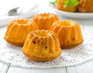 Four miniature bundt cakes on a white doily sit on a white wood table with a blurred background