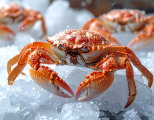 Crustaceans on ice, focused front crab. Sharp claws, vibrant orange shell. Food close-up with cool tones