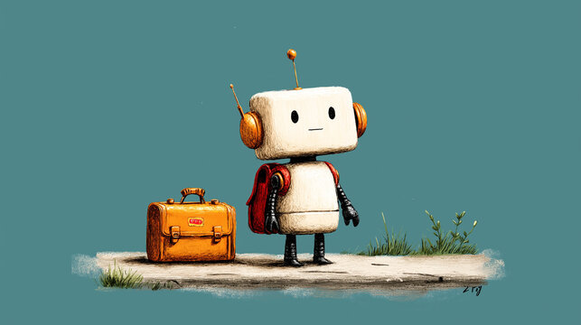 Curious Companion on Adventure: A whimsical robot, packed and prepared with a travel suitcase, stands expectantly against an inviting backdrop.