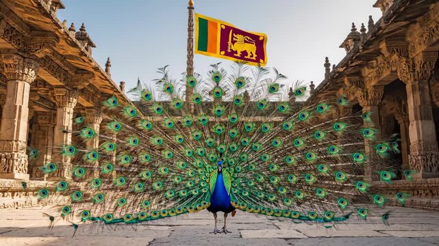 Peacock displaying tail feathers with Sri Lankan flag in ancient architecture. National animal symbol and cultural heritage representation