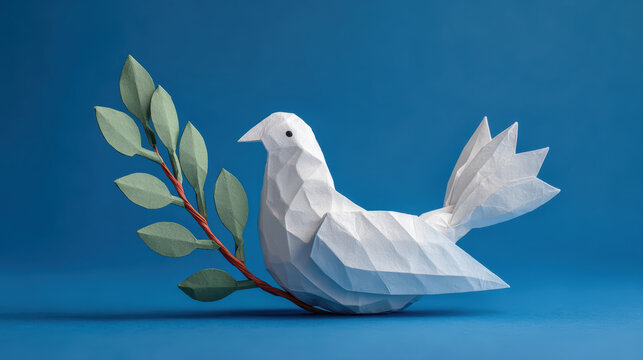 Origami dove peace olive branch blue background symbol hope calm minimal - Powered by Adobe
